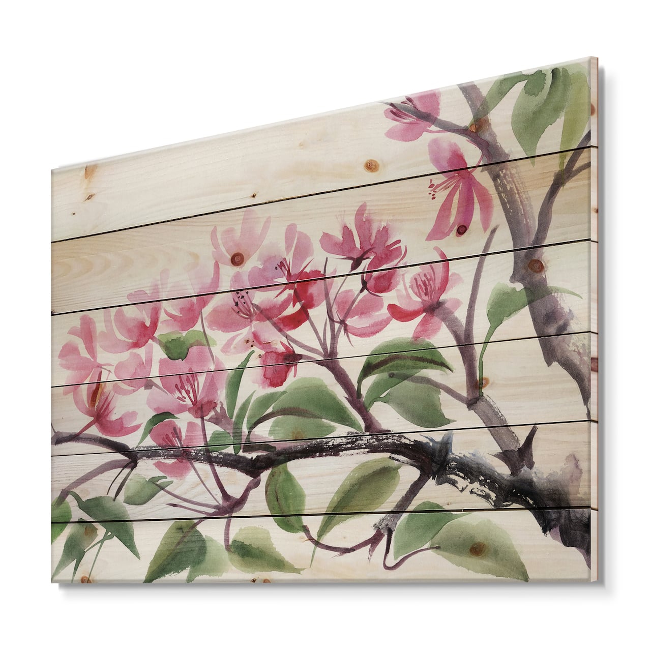 Designart - Pink Blossoming Tree - Traditional Print on Natural Pine Wood